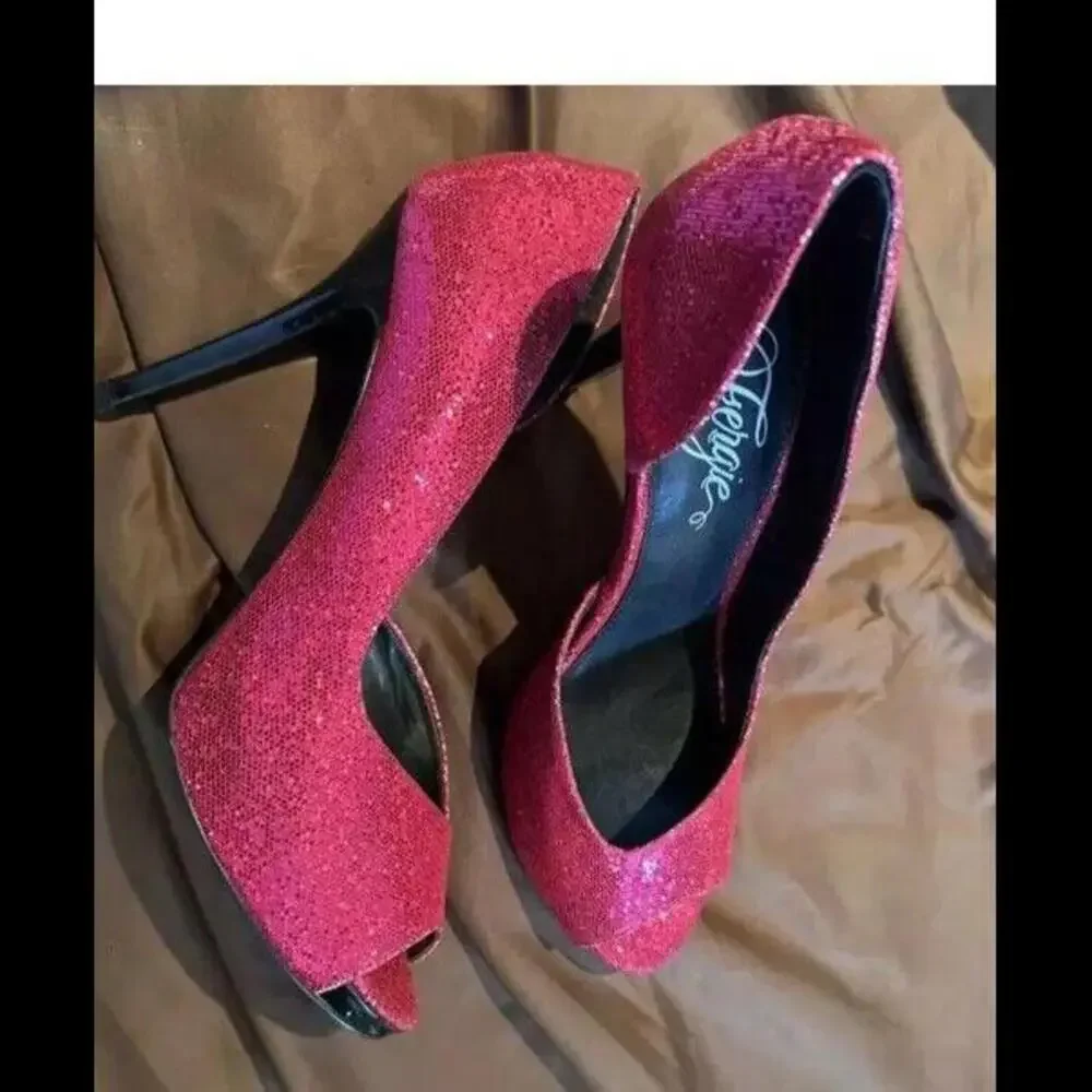 👠😎🩷Fergie Awareness Women's Peep Toe High Heels Pumps 5.5M (Glitter Pink)